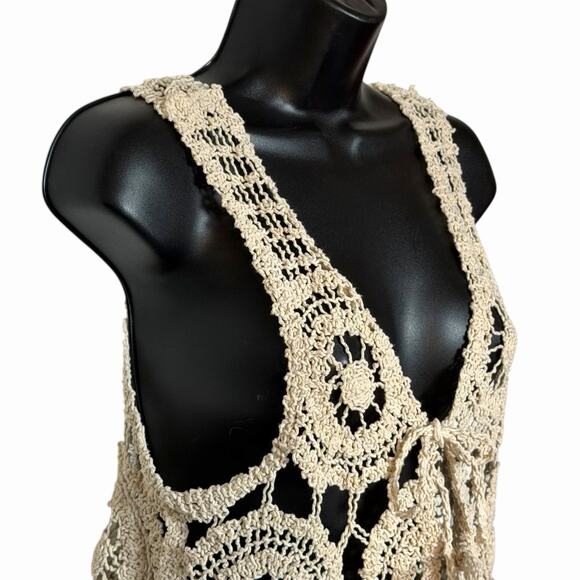 KAILY K BOHO CROCHETED VEST 90s Y2K STYLE TIE FRONT FAIRY COTTAGE GRANDMA CORE L - Picture 2 of 4